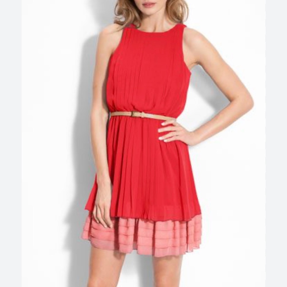 Jessica Simpson Pleated Chiffon Ruffle Mini Dress Colorblock Coral Size Medium